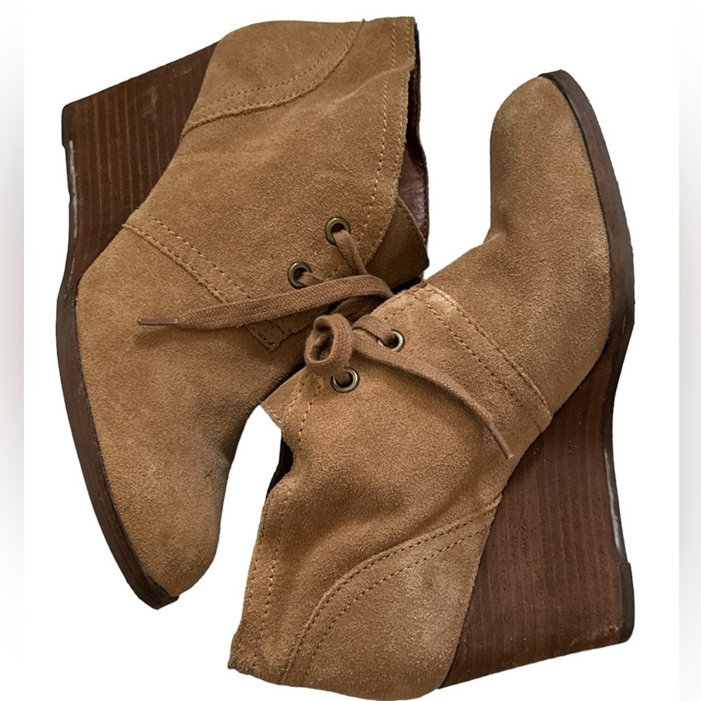 Lucky Brand Sway cognac suede lace up wedge heels booties sz 8 1/2
